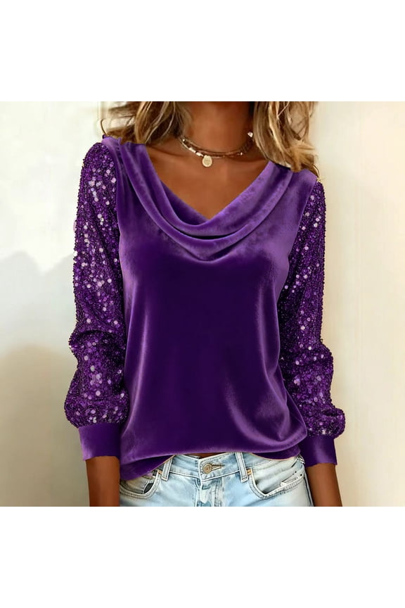 Womens Velvet Tops Cowl Neck Drape Ruched Front Long Sleeve T Shirts Cocktail Evening Party Dressy Shirt Blouses S