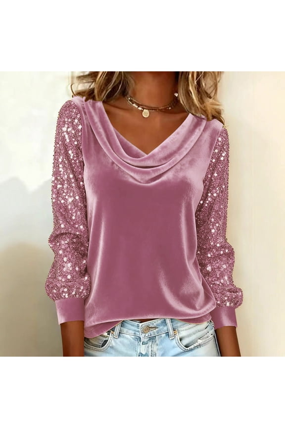 Womens Velvet Tops Cowl Neck Drape Ruched Front Long Sleeve T Shirts Cocktail Evening Party Dressy Shirt Blouses XL