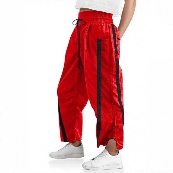 Textilo Womens Wide Leg Pants 2026 Lightweight Drawstring Contrast Color Lounge Pants Elastic Waisted Trendy Baggy Pants Workout Y2k with Pockets Red S