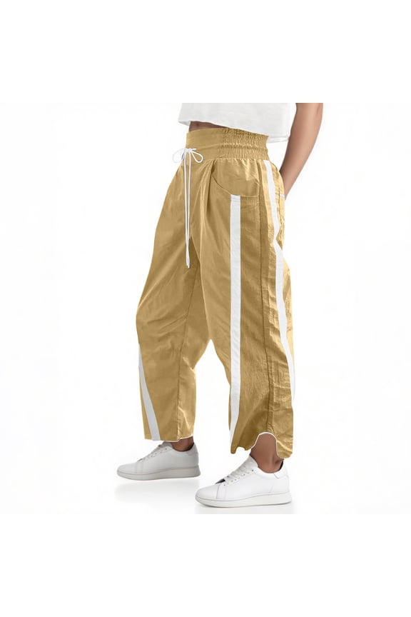 Womens Wide Leg Pants 2026 Lightweight Drawstring Contrast Color Lounge Pants Elastic Waisted Trendy Track Pants Workout Y2k with Pockets Yellow M
