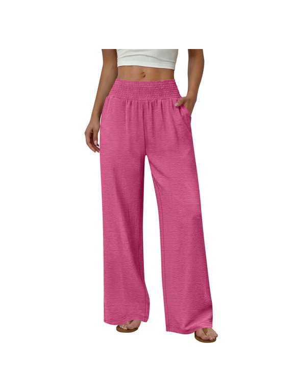 Womens Wide Leg Pants High Waisted Smocked Flowy Pants with Pockets Elastic Waist Trousers Summer Boho Lightweight Casual Lounge Clothes,Hot Pink XL