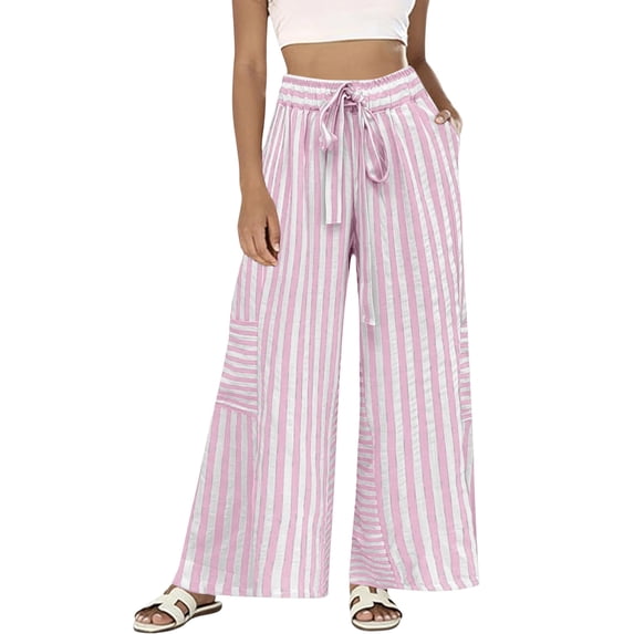 Textilo Womens Wide Leg Striped Palazzo Pants Drawstring Elastic Waist Pant with Pockets Palazzo Trousers Loose Fit Lounge Comfy Summer Vacation Outfits,Light pink 2XL