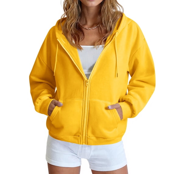Textilo Womens Zip Up Hoodies Long Sleeve Drawstring Hooded Sweatshirt with Pockets Drop Shoulder Solid Color Track Jackets Casual Fall Winter Fashion Y2k 2026 Clothes,Yellow S