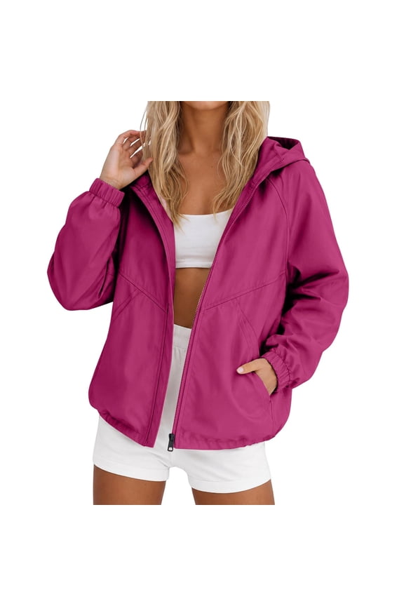 Womens Zip Up Rain Jacket Long Sleeves Wind Breaker with Pockets Hooded Coats Casual Waterproof Lightweight Outdoor Travel Jacket,Hot Pink M