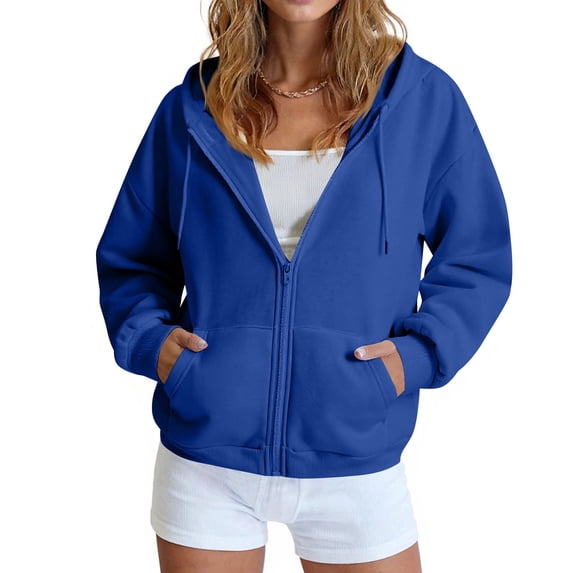 Textilo Zip Up Hoodies for Women Long Sleeve Drawstring Hooded Sweatshirt with Pockets Drop Shoulder Solid Color Track Jackets Loose Fit Soft Casual Y2k 2026 Fall Winter Clothes,Blue 2XL