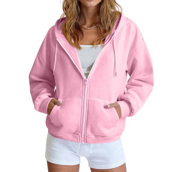 Textilo Zip Up Hoodies for Women Long Sleeve Drawstring Hooded Sweatshirts with Pockets Drop Shoulder Solid Color Track Jackets Loose Fit Soft Casual Y2k 2026 Fall Winter Wear,Pink L