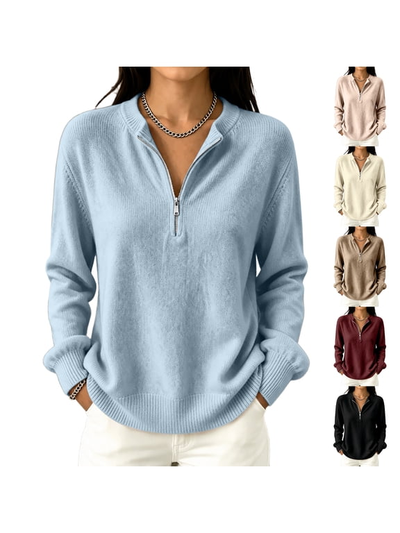Zip Up Sweatshirt for Women Long Sleeve Half Stand Collar Pullover Tops Mock Neck Solid Color Jumper Tops Trendy Fall Winter Lightweight Loose Fit Clothes,Wine S