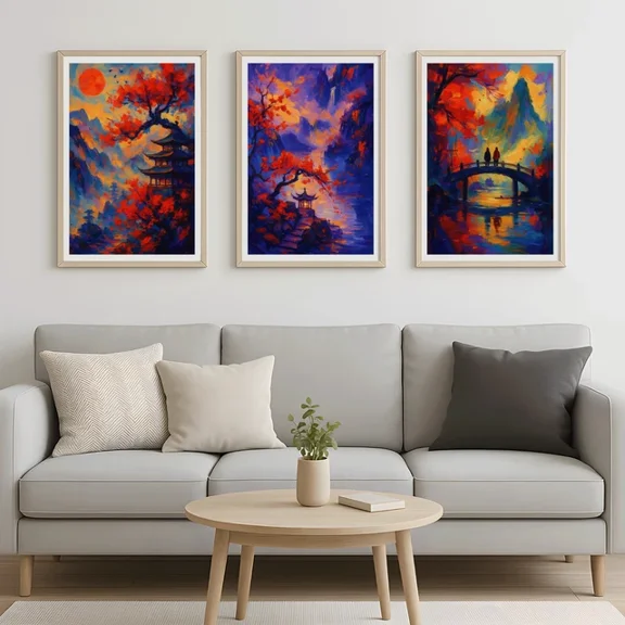 Textural Eastern Landscape Posters Set of 3 | Vibrant Pagoda Sunset Wall Decor, Poster Only