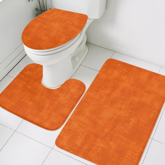 Textural Solid Orange Bathroom Rugs Set Rustic Minimalist Mottled Background Non Slip Absorbent Soft Bath Mats 3 Piece Set with Bathroom Rug, U-Shaped Floor Mat, Toilet Seat Cover Small Size