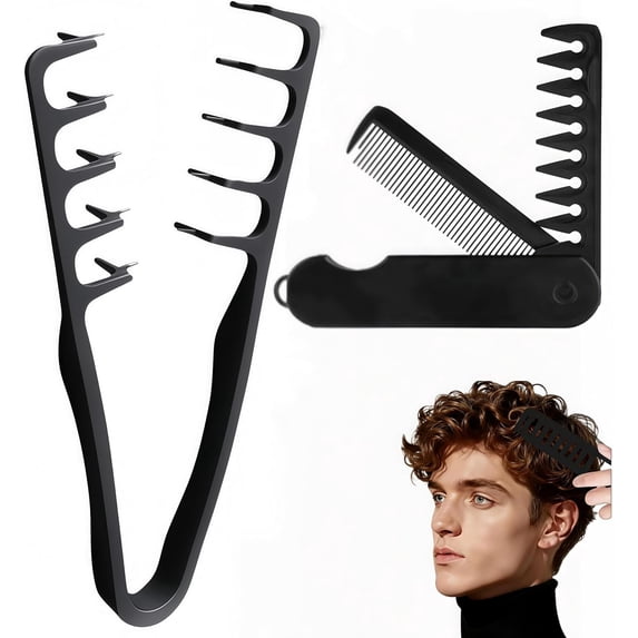Texture Comb 2 Pieces, Texturizing Comb for Men, Comb Set, 2-in-1 Folding Comb, Wide Tooth Comb, Curly Hair Comb, Black Men's Hair Comb for Daily and Professional Styling