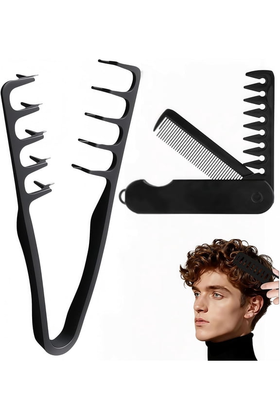 Texture Comb 2 Pieces, Texturizing Comb for Men, Comb Set, 2-in-1 Folding Comb, Wide Tooth Comb, Curly Hair Comb, Black Men's Hair Comb for Daily and Professional Styling