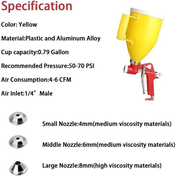 Texture Drywall Sprayer Hopper Gun Texture Sprayer Air Hopper Spray Guns Paint 1.58 Gallon(6L) with 3 Nozzles(4.0mm/6.0mm/8.0mm) for Walls,Ceiling,Knockdown,Yellow Straight$$Tools & Hardware Other