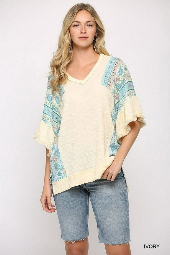 Texture Knit And Print Mixed Hi Low Hem Top Ivory ' S