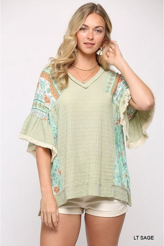 Texture Knit And Print Mixed Hi Low Hem Top Light Sage ' S
