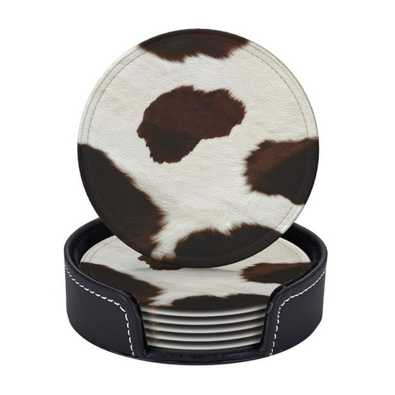 Texture Of Brown Cowhide With Brown Spots Leather Coasters With Leather Holder Set Of 6 Round Coasters for Home and Kitchen Decor