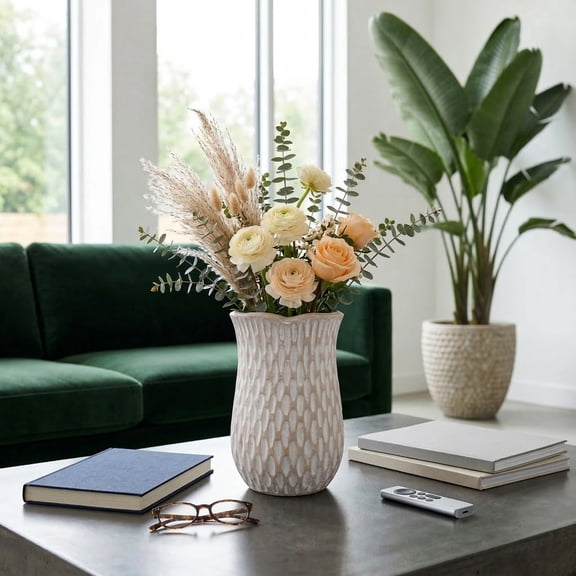 Texture Round Vase for Living Room Decor - Decorative Terracotta Flower Vase for Home Display - Pottery Accent for Room, Bedroom, House, Office and Table Styling - 12", Ivory & White