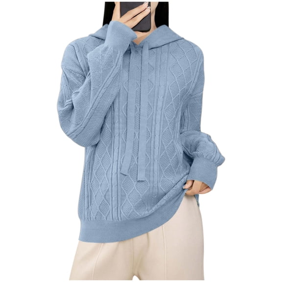 Texture Sweater Hoodies for Women Casual Knit Long Sleeve Drawstring Crew Neck Pullover Sweatshirt Hooded Tops
