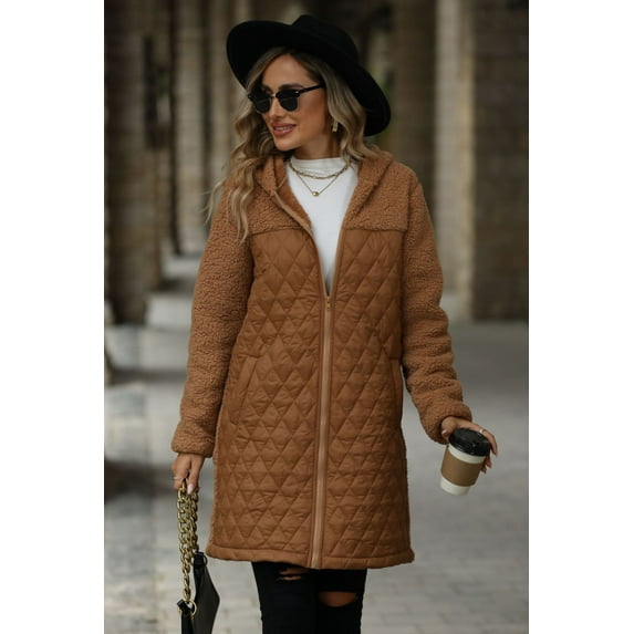 Texture Zip Up Long Sleeve Hooded Coat (L, Brown)