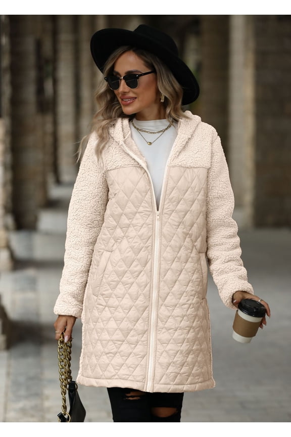 Texture Zip Up Long Sleeve Hooded Coat (L, Off-White)