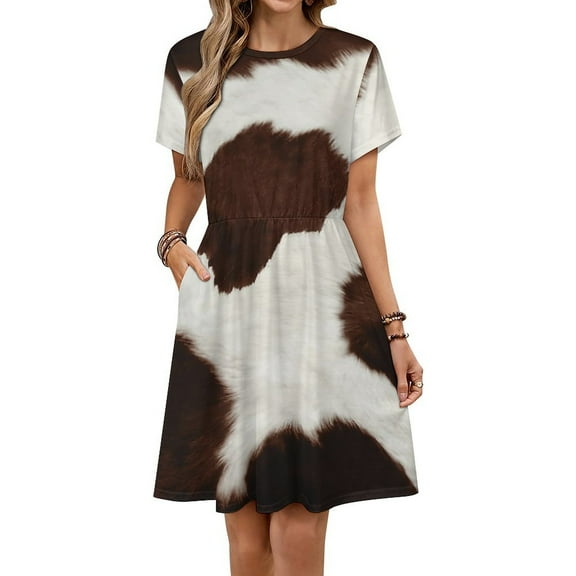 Texture of Brown Cowhide with Brown Spots Sundress Short Sleeve Dress Summer Women Clothes Dress for Women Dresses
