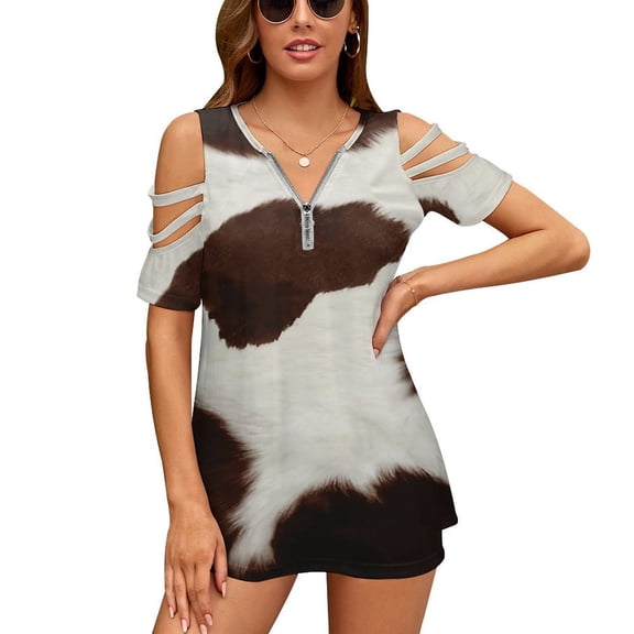 Texture of Brown Cowhide with Brown Spots Womens Summer V Neck Zipper Top Short Sleeve T Shirt Off Shoulder Top Casual Classy Loose Shirts