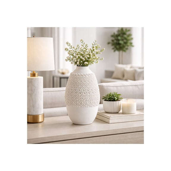 Textured 3D Oval Vase for Living Room Decor - Modern Ceramic Flower Vase for Home, Bedroom and Office Table Styling- Decorative Accent Sculpture Display for Kitchen Counter - 14", Ivory & Tan