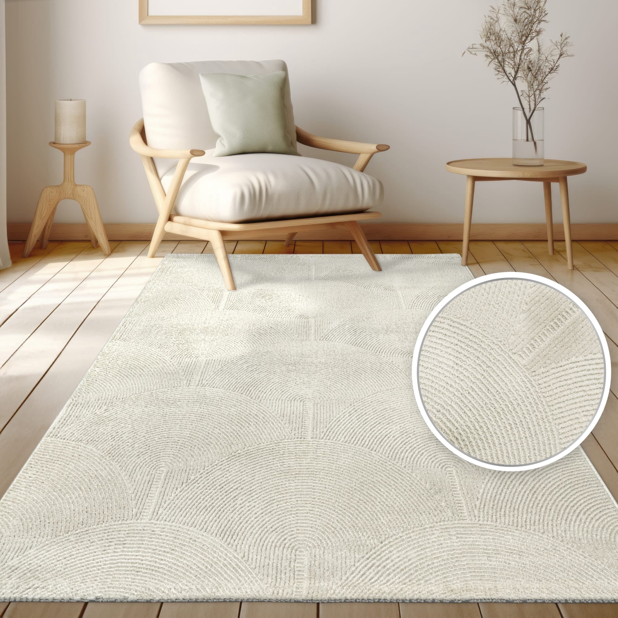 Textured Area Rug with Modern Curved Line Pattern in Cream - 6'7