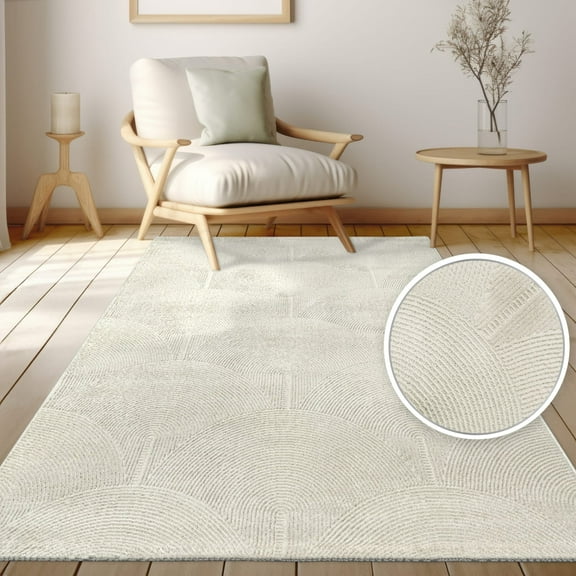 Textured Area Rug with Modern Curved Line Pattern in Cream - 6'7" x 9'2" (6'x9')