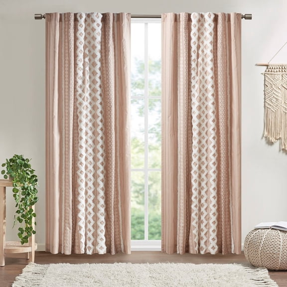 Textured Artisanal Cotton Curtain Panel With Tufted Chenille Stripe Trim Lining Blush 50x84 Inches India Made Home Decor