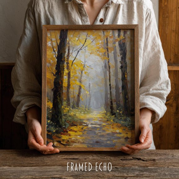 Textured Autumn Forest Print Yellow Fall Leaves Decor, Unframed Paper Poster 8x10in