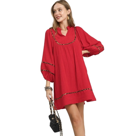 Textured Babydoll Dress with Leopard Trim