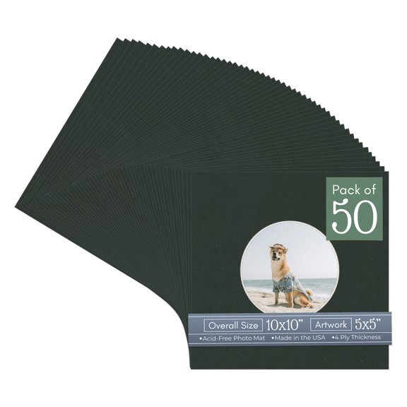 Textured Black Picture Frame Mat for 10x10 Frames - Circle Opening for 5x5 Photos - 50 Mats