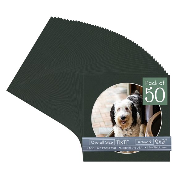 Textured Black Picture Frame Mat for 11x11 Frames - Circle Opening for 9x9 Photos - 50 Mats