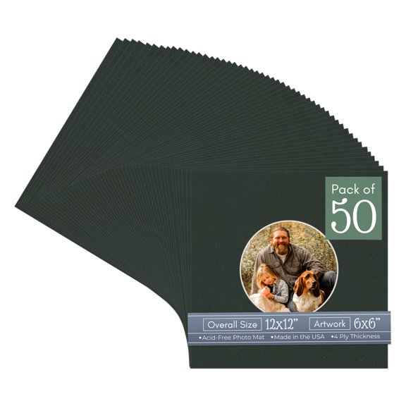 Textured Black Picture Frame Mat for 12x12 Frames - Circle Opening for 6x6 Photos - 50 Mats