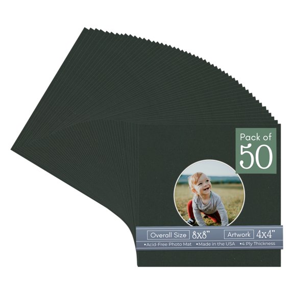 Textured Black Picture Frame Mat for 8x8 Frames - Circle Opening for 4x4 Photos - 50 Mats