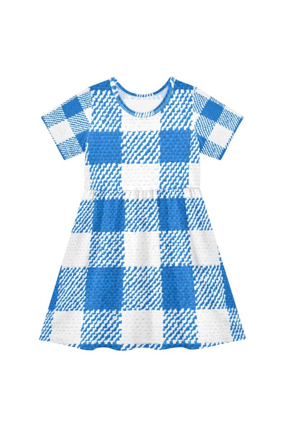 Textured Blue White Pattern Girls Short Sleeve Dress A Line Sun Protection Breathable Comfort Sundress 3T