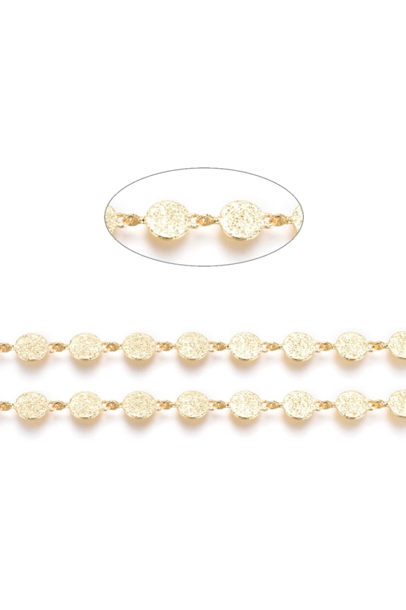 Textured Brass Handmade Link Chains with Spool Long-Lasting Plated Unwelded Round Real 18K golden Plated 10.5x6x0.2mm about 32.8 Feet(10m)/roll