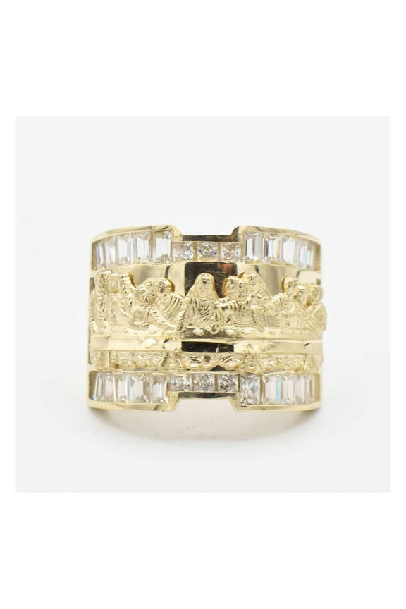 Diamond-Cut CZ Textured Last Supper Ring Unisex Adult 10K Yellow Gold, 7.72 Gr – Goldum NYC