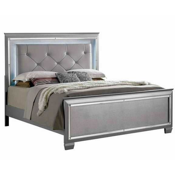 Textured California King Size Bed with Silver Trim Accents, Beige
