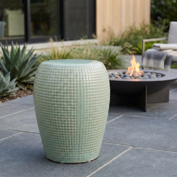 Textured Ceramic Barrel Garden Stool for Home Decor - Decorative Accent with Glazed Design for Plant Stand or Outdoor Side Table Styling - Functional Accent Piece for Indoor Garden Use - 19", Green