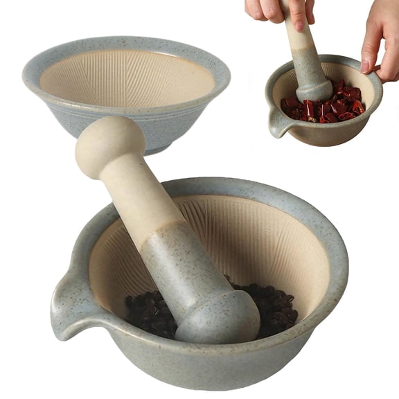 Textured Ceramic Mortar and Pestle Set, Small Porcelain Mortar and Pestle for Spices & Herbs, 3-Piece Manual Grinder with Pour Spout, Kitchen Tool for Crushing & Grinding (Slate)