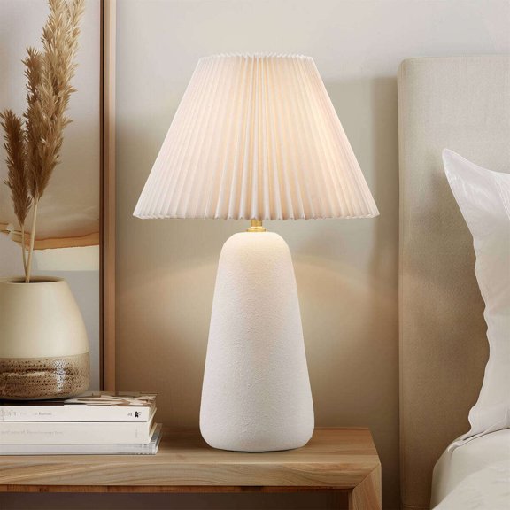 Textured Ceramic Table Lamp with Fluted Fabric Shade White See below
