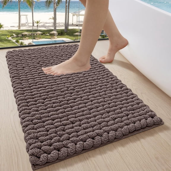 Textured Chenille Shaggy Bath Rug, Non-Slip Absorbent Bubble Floor Mat, Brown, 17"x30"