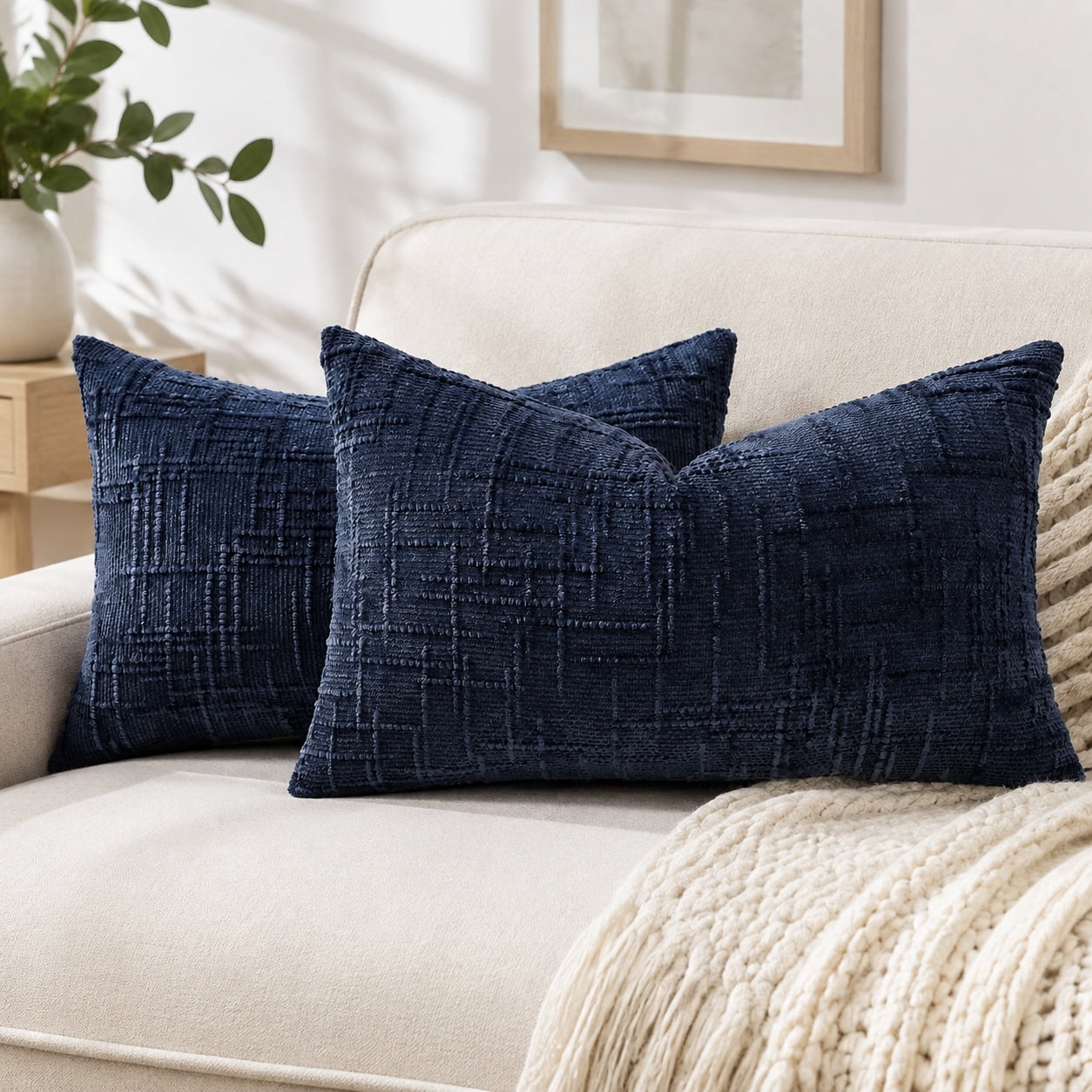 Textured Chenille Throw Pillow Covers 12x20 Inch Set of 2 Navy Blue
