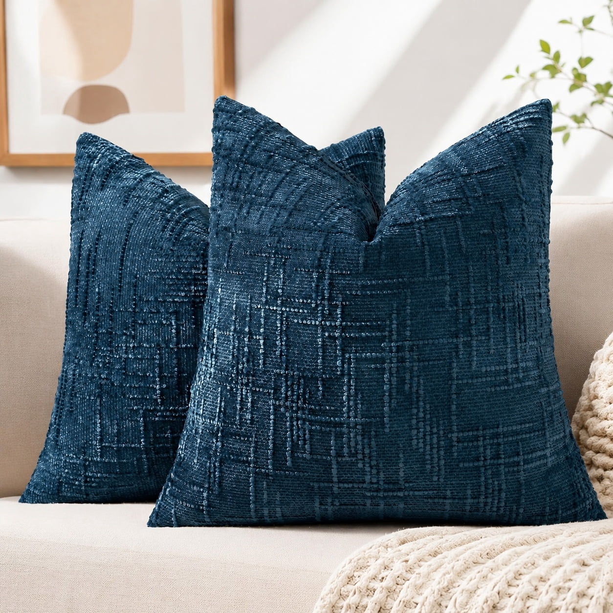 Textured Chenille Throw Pillow Covers 16x16 Inches Set of 2 Navy Blue