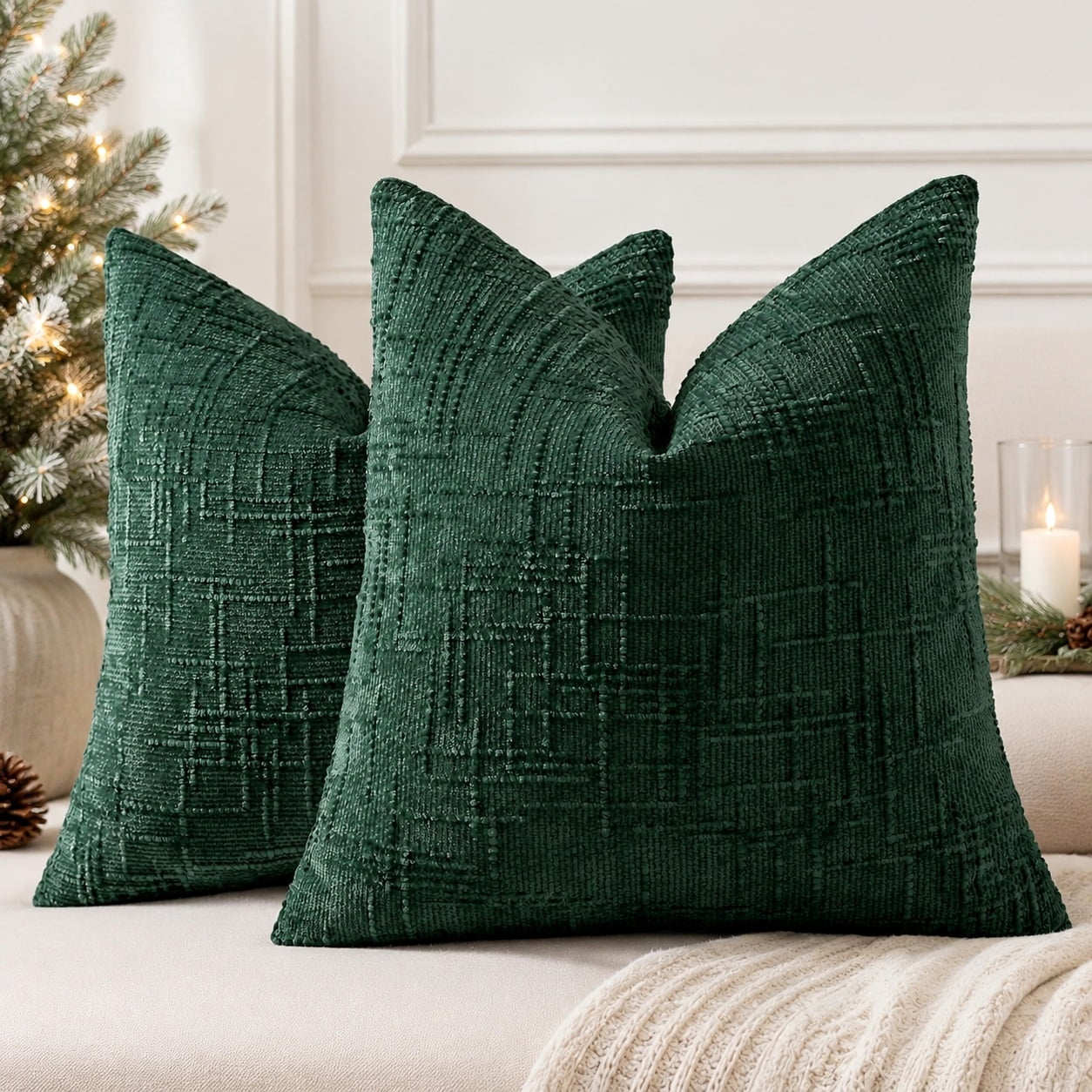 Textured Chenille Throw Pillow Covers 18x18 Inch Set of 2 Green