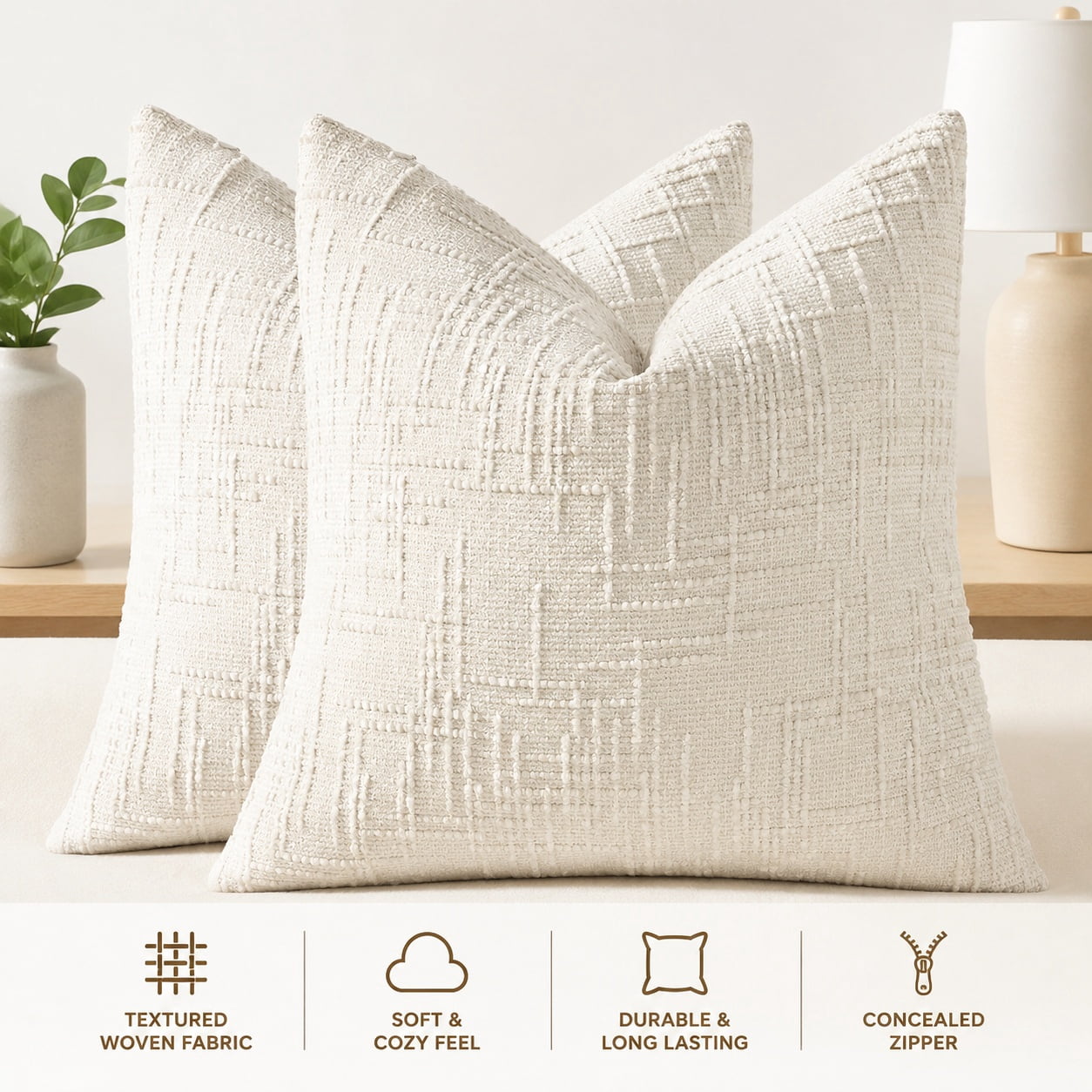 Textured Chenille Throw Pillow Covers 18x18 Inches Set of 2 Cream White
