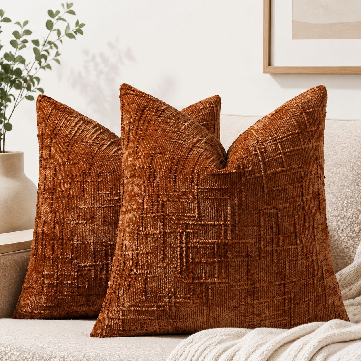 Textured Chenille Throw Pillow Covers 18x18 Inches Set of 2 Rust