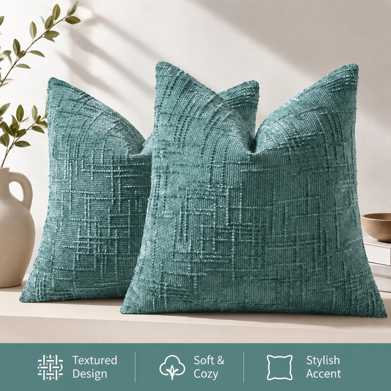 Textured Chenille Throw Pillow Covers 18x18 Inches, Set of 2, Teal