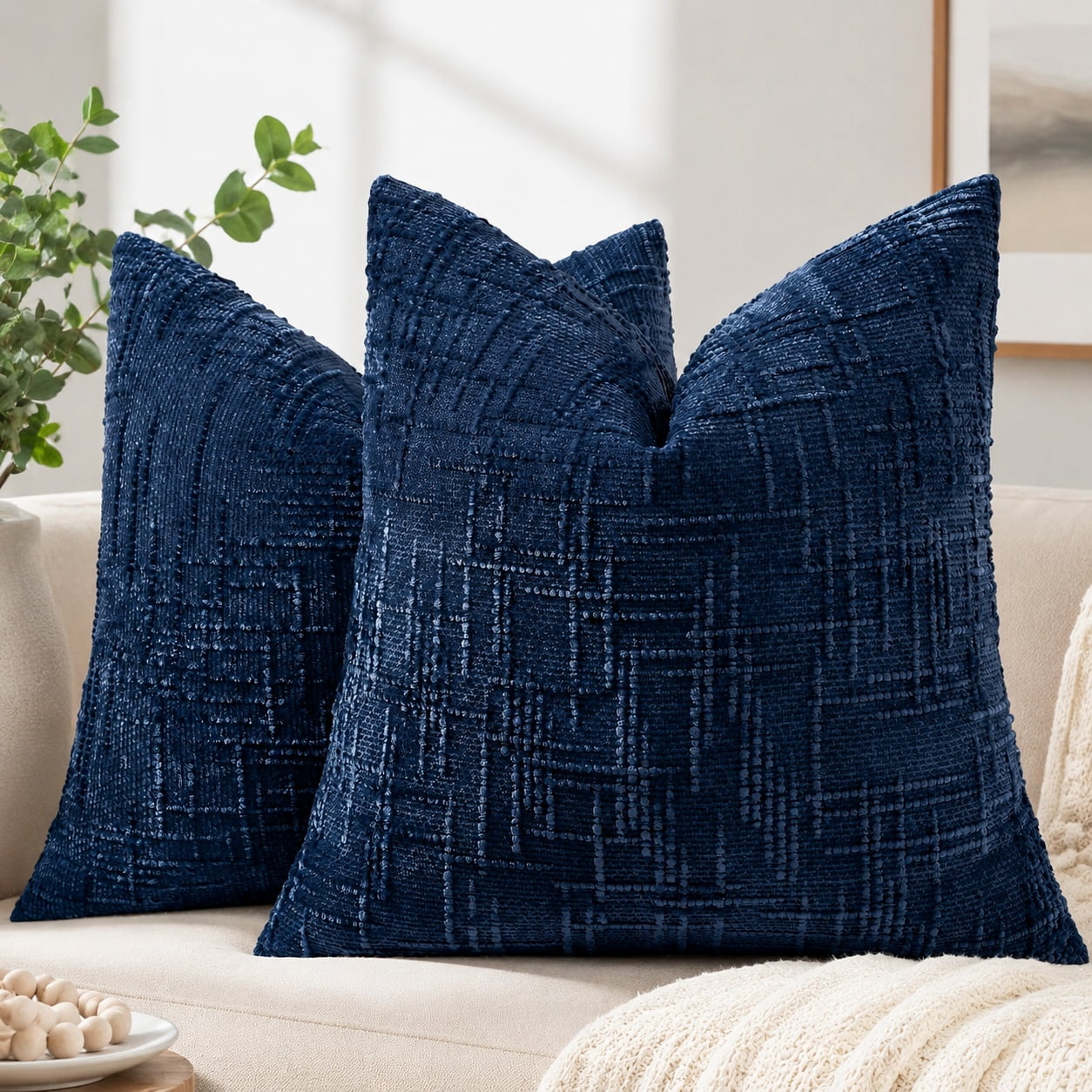 Textured Chenille Throw Pillow Covers 20x20 Inch Set of 2 Navy Blue
